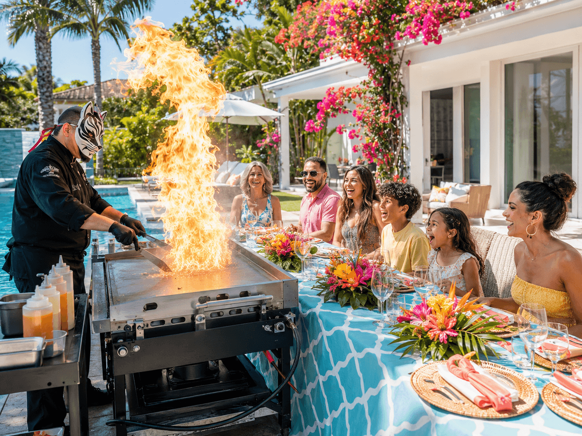 Hibachi chef performing flames for family at backyard party