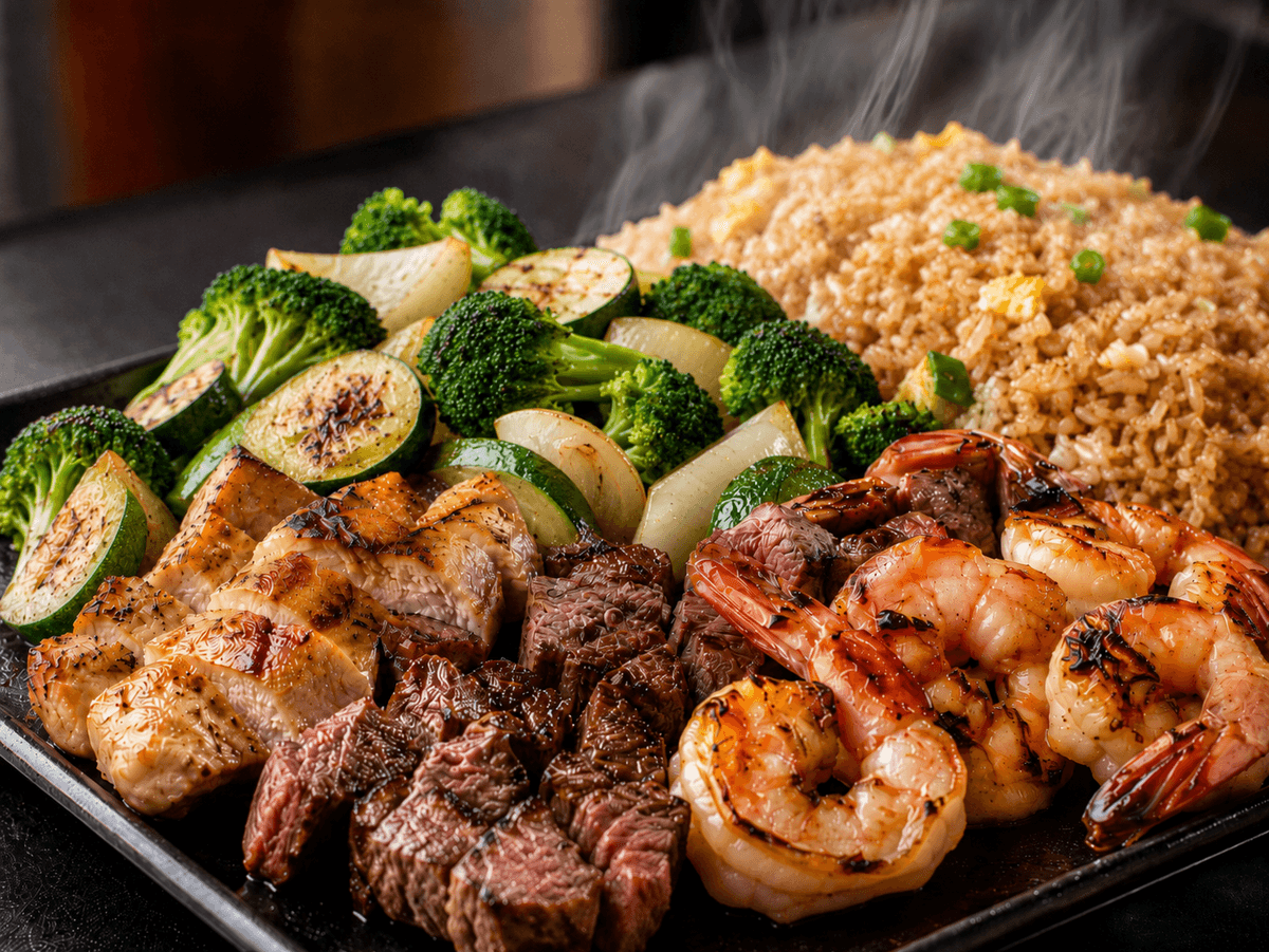 Close up of hibachi food — shrimp, steak, chicken and fried rice