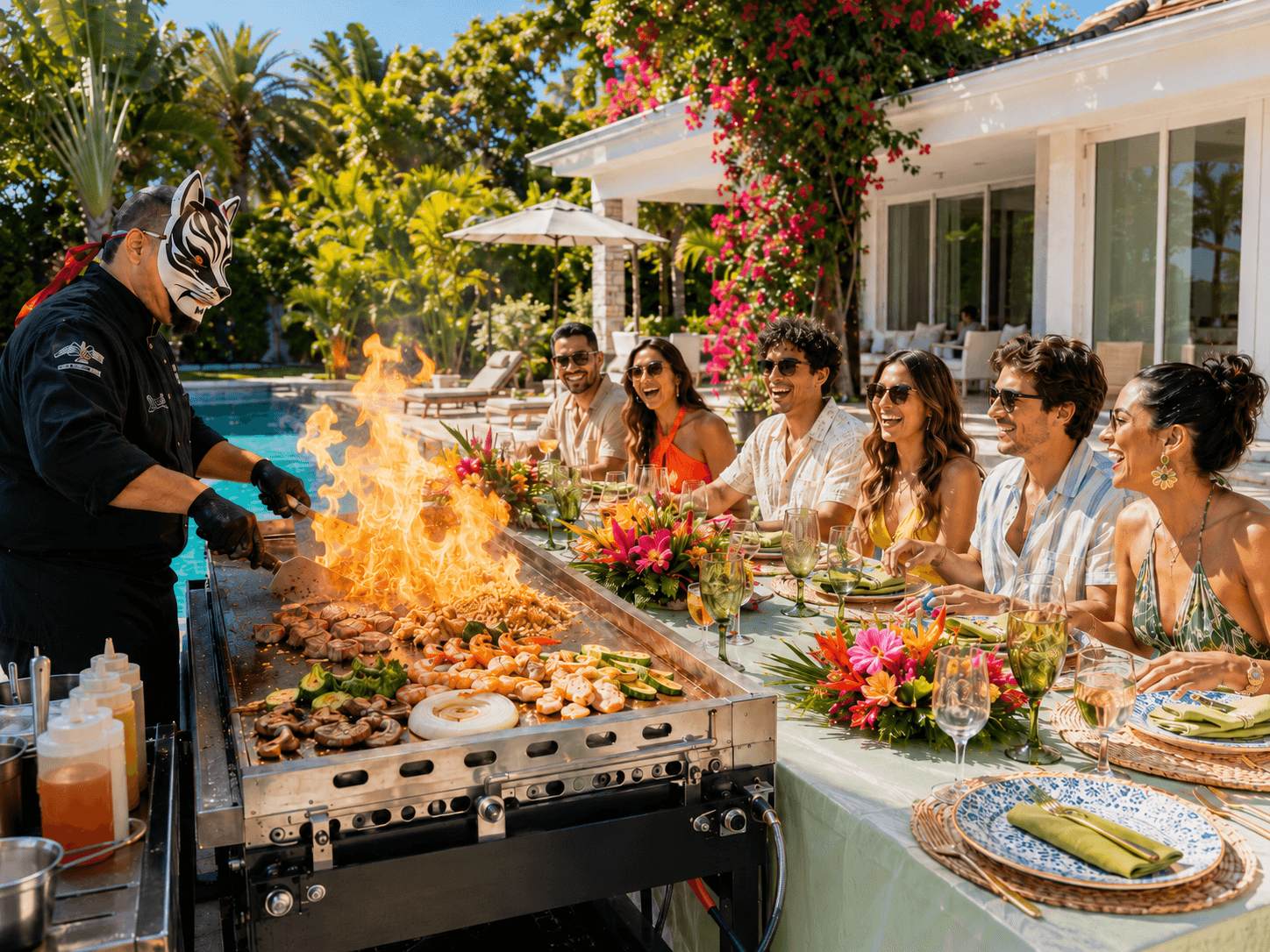 Private hibachi chef cooking live for guests at a backyard party