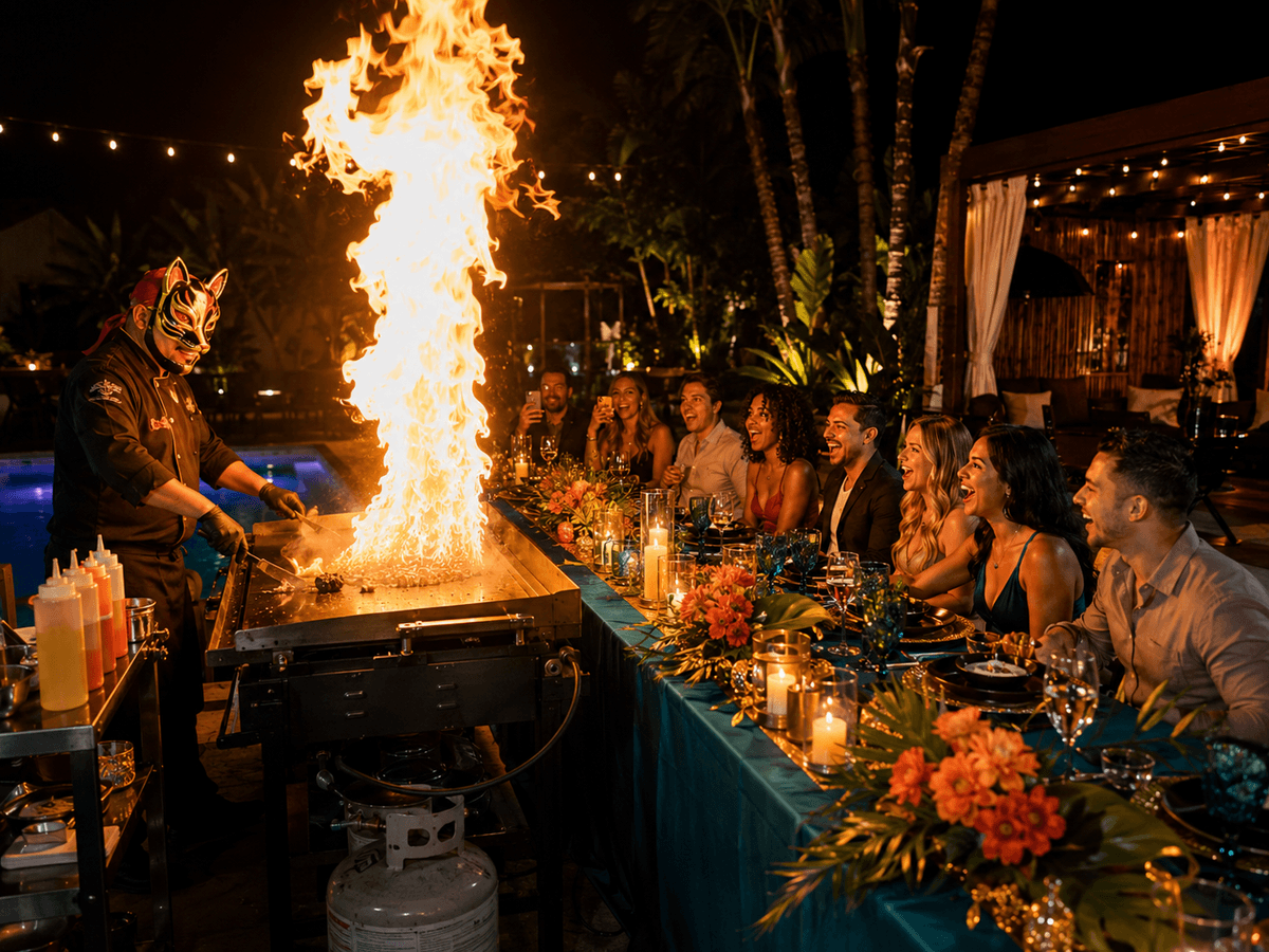 Night hibachi party with dramatic fire and guests at long table